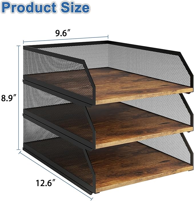 Natwind 3-Tier Stackable Paper Tray, Metal Mesh Desktop Organizer, Wood Board Paper Sorter, Letter Trays,File Document Storage Rack for for Home, Office, School (Retro)