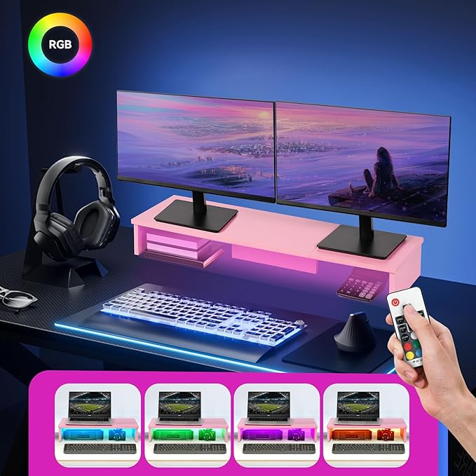 Dual Monitor Stand Riser with LED Lights, Large Monitor Stand for Desk, Computer Monitor Stand for 2 Monitors, Desk Shelf for Top of Desk, Desktop Organizer for Laptop, Printer, TV, Pink