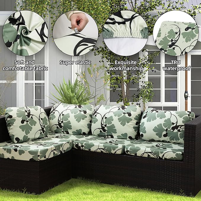 8Pcs Stretch Patio Cushion Covers Outdoor Cushion Cover, Jacquard Stretch Cushion Covers, Cover Replacement, Outdoor Sofa Covers, Washable Furniture Couch Cushion Cover (Green Vine)