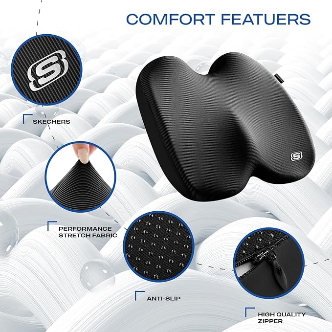 Skechers Memory Foam Seat Cushion,Ribbed Fabric Office Chair Cushion for Tailbone Pain Relief,Butt Pillow for Office Chair,Car Seat Cushion,Long Sitting Office Workers,and Car Drivers,Black