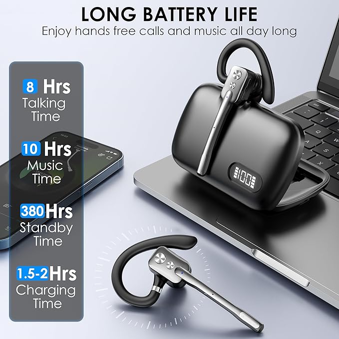 Bluetooth Headset, Wireless Bluetooth Earpiece with Dual-Mic & Noise Canceling, Single Ear Headset with Mute for Business, Remote Work, V5.3 Hand-Free Headset for iOS Android Cell Phone (Gunmetal)