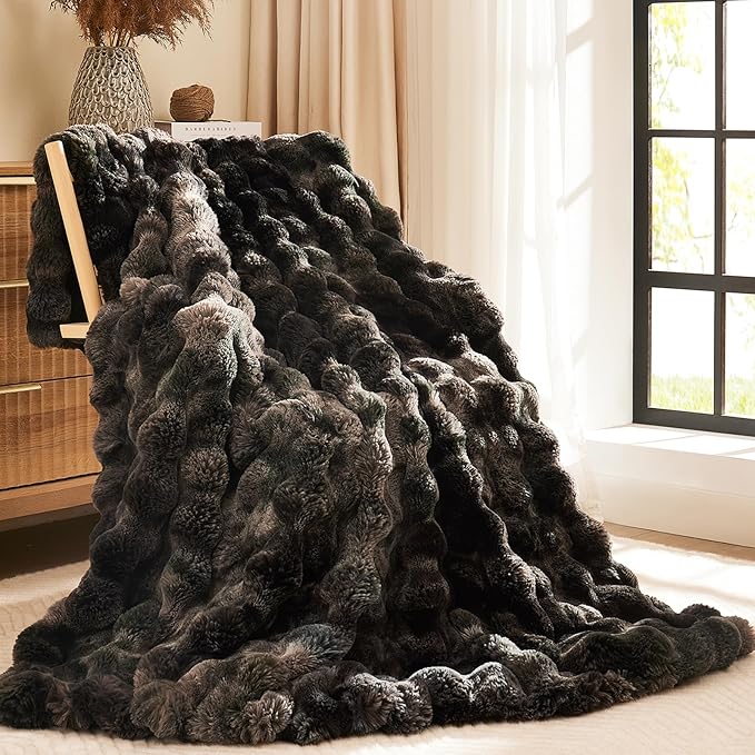 L'AGRATY Faux Fur Throw Blanket: 60" x 80" Luxury Soft Fluffy Thick Rabbit Fur Blankets for Twin Bed Couch - Cozy Plush Bubble Blankets for Home Decor: Warm Flannel Fleece Decorative Blanket