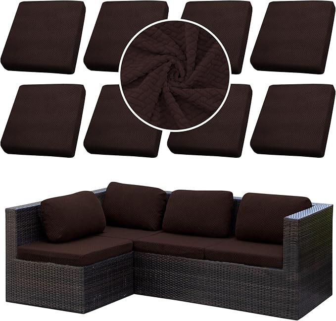 8Pcs Stretch Patio Cushion Cover Outdoor Cushion Cover Replacement Slipcovers Outdoor Cushion Covers Thick Jacquard Textured Twill Fabric Porch Patio Furniture Protector(Coffee，Cover，Only)