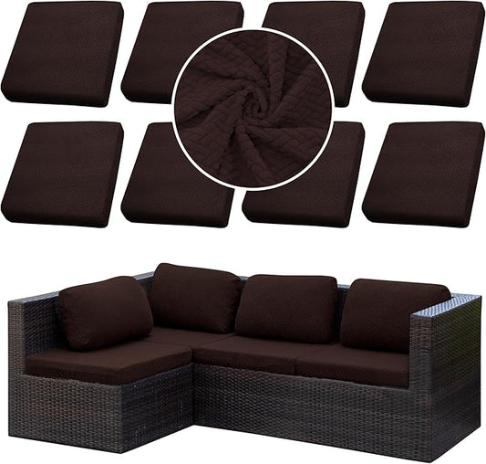 8Pcs Stretch Patio Cushion Cover Outdoor Cushion Cover Replacement Slipcovers Outdoor Cushion Covers Thick Jacquard Textured Twill Fabric Porch Patio Furniture Protector(Coffee，Cover，Only)