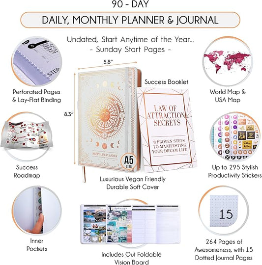 Guided Journal - Gratitude & Mental Health Journal for 5 Minute Daily | 90-Day Undated Planner for Positivity & Manifestation | Guided Mindfulness, Self Care & Reflection | Vision Board + Stickers