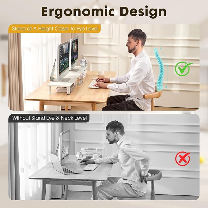 47 Inch Extra-Long Dual Monitor Stand Riser for 2 Monitors, Desk Shelf TV Riser Blocks, Wood and Steel Desktop Riser for Computer, Laptop, Printer, Home Office Organization, White