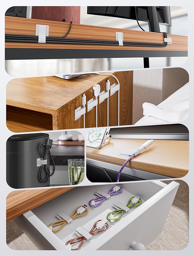 100pcs Hook and Loop Cable Ties, gliship Adhesive Wire Management, Adjustable Cable Straps Cord Wrappers Keeper Cord Holder, Sticky-Back Cord Organizer for Kitchen Appliances at Office, Home - White