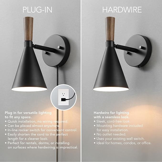 GLOBE Electric 65000101 Plug-in or Hardwire Wall Sconce, Matte Black Finish, Wood-Toned Switch, Metal Shade, 6-Foot Cord, E26 Base, Easy Installation
