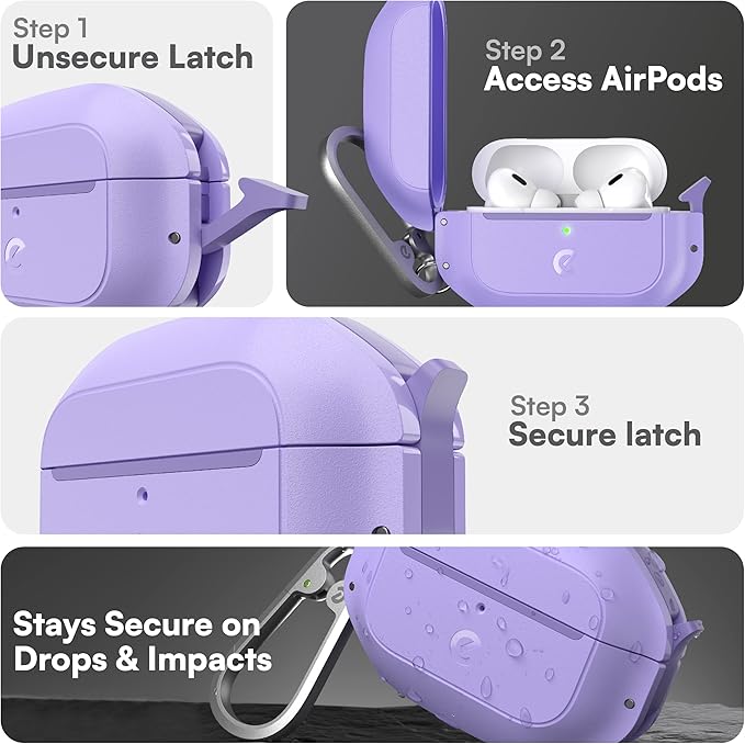 Keybudz for AirPods Pro Case with Lock - Fully Waterproof AirPods Pro 2nd Generation Case Cover - Keychain, Rugged Tough Protection, Hard Shell and Carabiner for USB-C/Lightning (Wild Lavender)