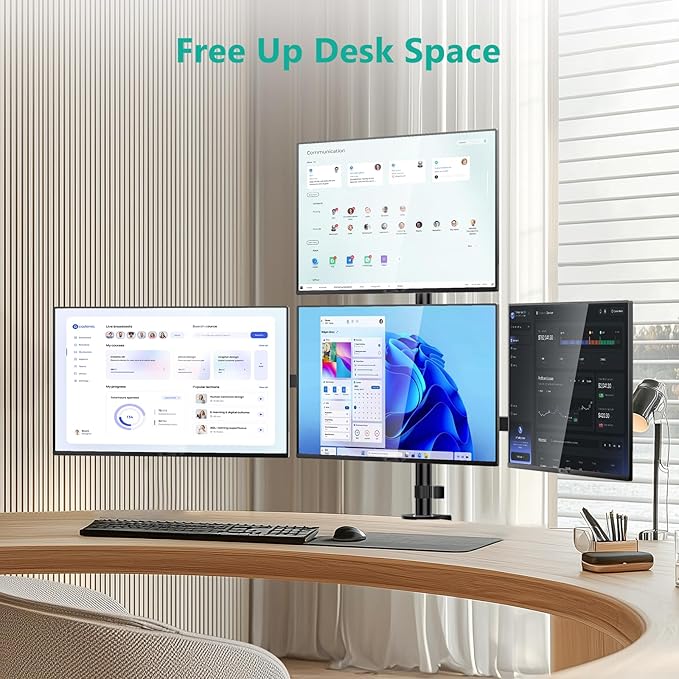 WALI Quad Monitor Mount for 13-27 Inch Screens, Fully Adjustable 4 Monitor Stand with Swivel, Tilt, Rotation, Clamp & Grommet Base Kit, Max Load 22lbs per Screen (M004S), Black