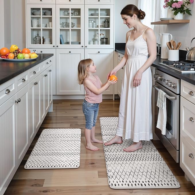KIMODE Anti Fatigue Kitchen Mat, 20"x47"+20"x32" Kitchen Rugs Set of 2, Non-Slip Kitchen Floor Mats Cushioned, Comfort Mats for Kitchen Floor, Sink, Laundry, Office, Desk Black and White