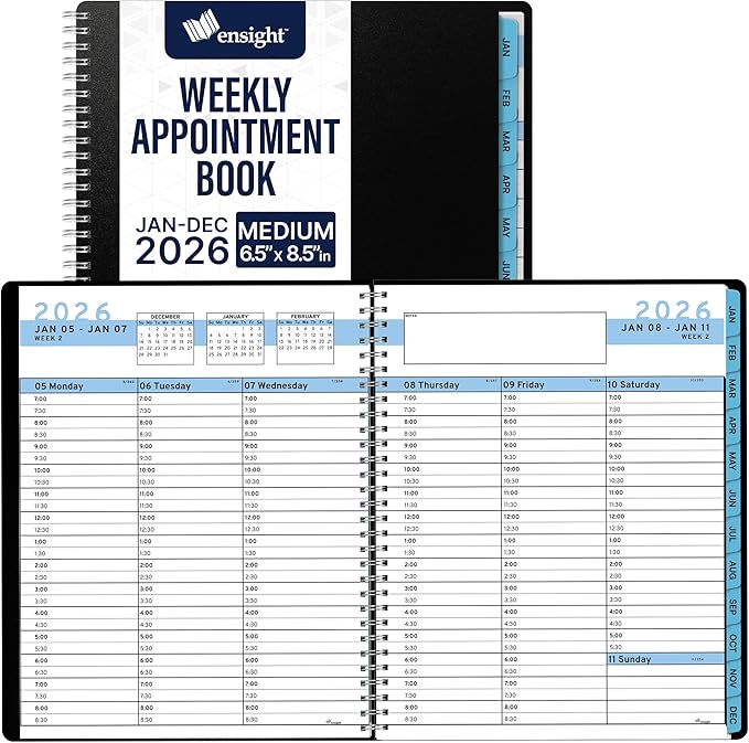 Ensight 2026 Appointment Book & Planner Ensight 6.5 x 8.5 inches Large Tabbed Daily Hourly Weekly Planner Schedule Book 30 Minute time Slots Business & Personal Planner Jan 2026 Dec 2026 Blue