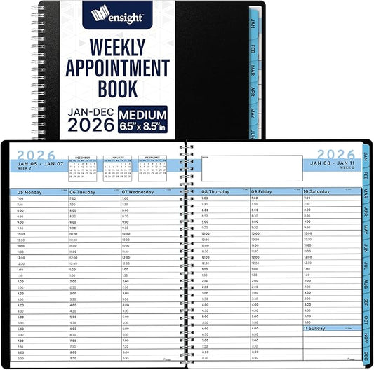 Ensight 2026 Appointment Book & Planner Ensight 6.5 x 8.5 inches Large Tabbed Daily Hourly Weekly Planner Schedule Book 30 Minute time Slots Business & Personal Planner Jan 2026 Dec 2026 Blue