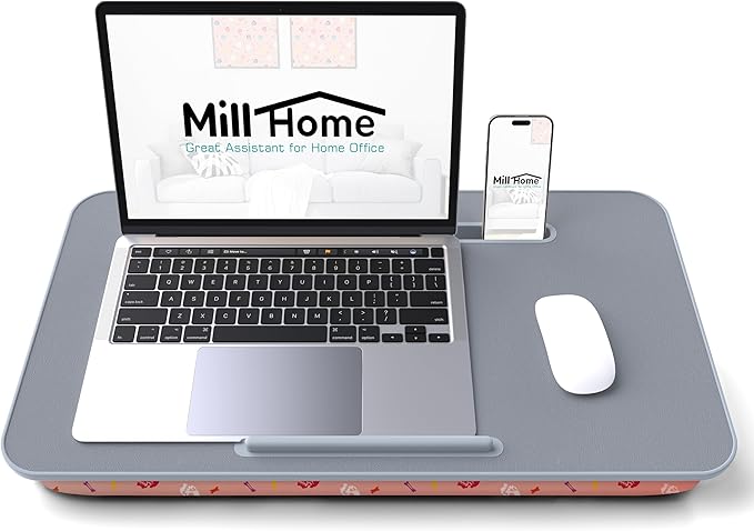 Lap Desk | Portable Laptop Desk – Fits Up to 17.3" Laptops – Detachable & Washable Cushion, Phone Holder, Device Ledge – for Writing, Working, Reading on Bed, Couch, Sofa, Floor – Millhome -Peach Pink