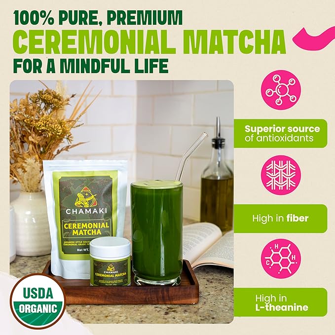 Chamaki Ceremonial Matcha Powder-First Harvest Japanese Style -Shade Grown Organic Premium Grade 3.53oz/100g Bag Ready for baking and Latte Authentic Japanese Style Matcha green tea Powder (100g)