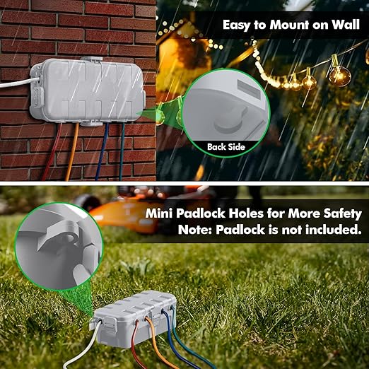 RESTMO Outdoor Electrical Box, IP54 Weatherproof Extension Cord Cover with 6 Cable Entry Ports, Waterproof Connection Box Protect Power Strip, Timer, Plug (11.5x5.2x4 inch), Light Gray