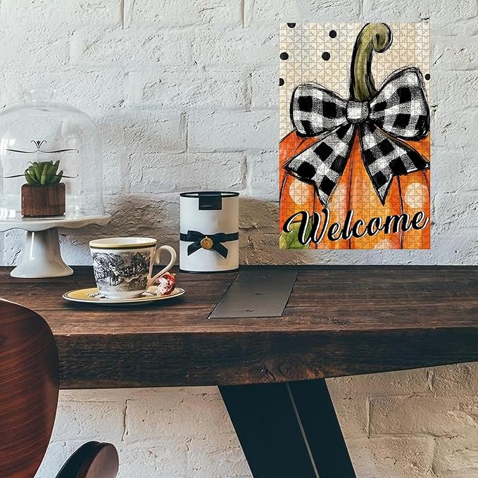 500 Piece Difficult Wooden Jigsaw Puzzle Welcome Pumpkin Adults Kids Portable Travel Game Fun Stress Relief Brain Teaser & Educational Toy for Home Kitchen Decor 20.4x15 Inch