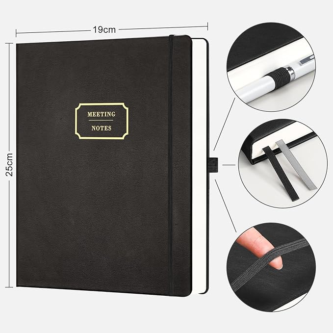 EMSHOI Meeting Notebook for Work with Action Items - 320 Pages B5 Thick Project Planner Agenda Organizer Work Notebook for Women Men Office Business Notes, PU Leather Hardcover, 7.5" x 10", Black