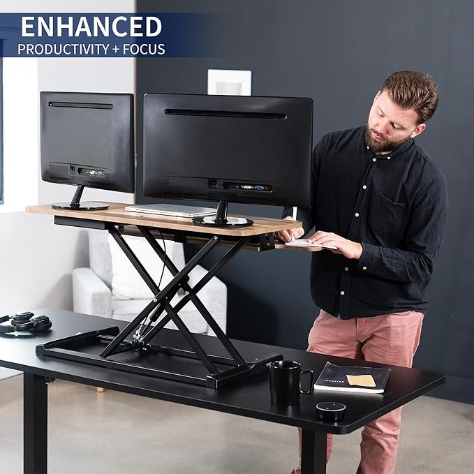 VIVO 36 inch Desk Converter, K Series, Height Adjustable Sit to Stand Riser, Dual Monitor and Laptop Workstation with Wide Keyboard Tray, Reclaimed Wood Top, Black Frame, DESK-V036KP