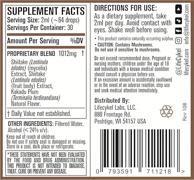 Lifecykel - Shiitake Mushroom Extract with Kakadu Plum- Hair, Skin & Nail Support, Anti Aging Supplement- 100% Organic Mushrooms, Immune Boosting, Vitamin C Made in The US- 2 Fl oz(Packaging May Vary)