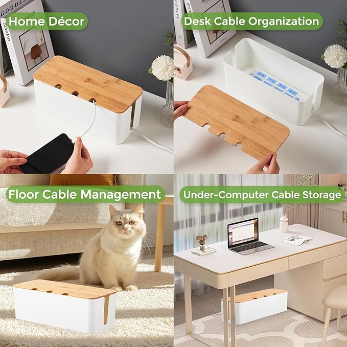 Cable Management Box, Cord Cable Organizer Box with Bamboo Lid, Under Desk Cable Management with 10 Cable Ties and 2 Cable Clip Holders for TV Router Computer USB Hub White