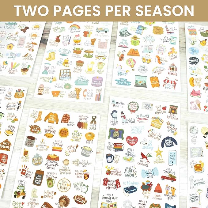 bloom daily planners Seasonal Bucket List Planner Stickers - Spring, Summer, Fall, Winter Activity Goals for Adults - 8 Sheets / 275+ Illustrations - Adventure Icons for Planning or Scrapbooking