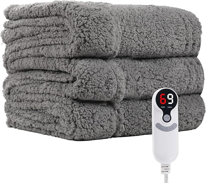Electric Heated Blanket 6 Heating Settings & 10H Auto Off Full 72×84 Ultra-Soft Warm Machine Washable Home Office Light Gray