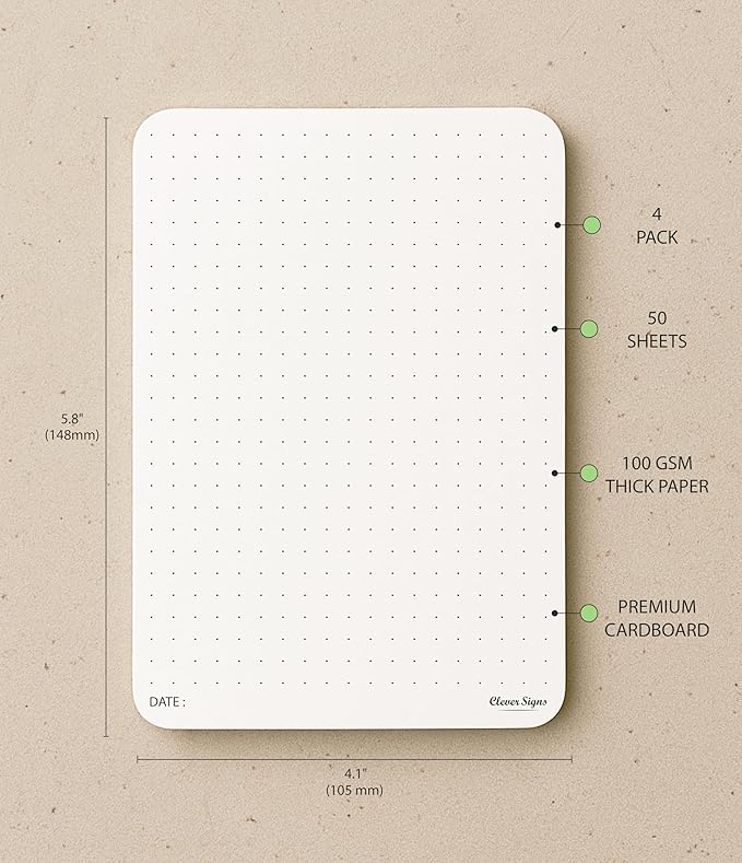 CLEVER SIGNS A6 Dot Grid Notepad - 4 Pack (4,1" x 5,8") Small Dotted Memo Desk Pads-Premium Paper with Cardboard Back Support - Ideal for Note-taking, Planning, Sketching, and Journaling