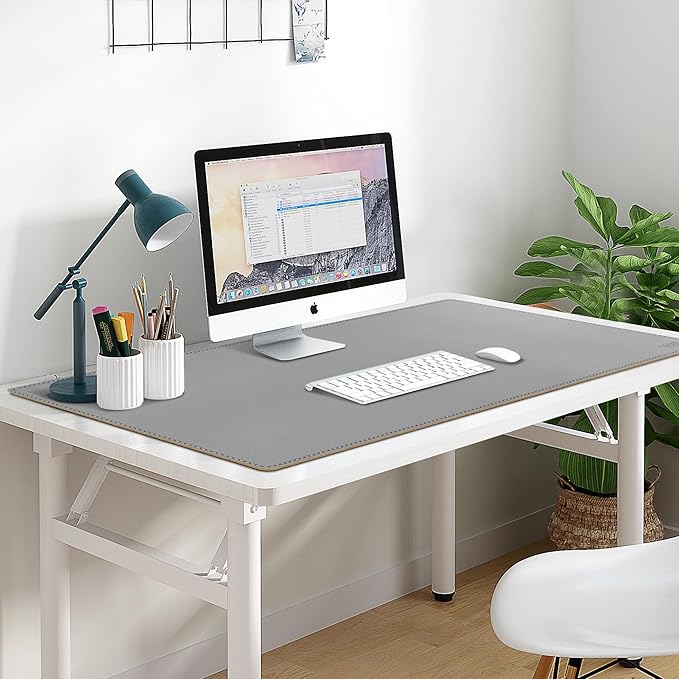 Vyaaa Cork & Leather Desk Mat, 43.3“ x 19.7” Dual Sided Leather Desk Pad, Waterproof Extra Large Desk Mat, Desk Mats on top of Desks for Home or Office (Grey)