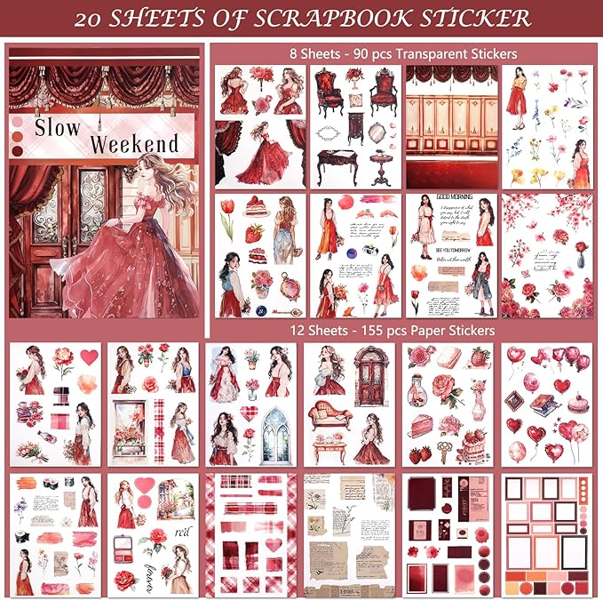 AVECMOI Love Scrapbooking Stickers for Journaling Supplies, Happy Planner Sticker Book with 234 Images, Paper & PET Sticker for Card Making, Collage, Paper Crafts, A5 (Rose)