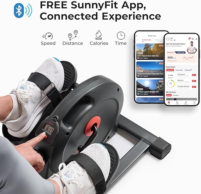 Sunny Health & Fitness Smart Mini Elliptical Trainer, Indoor Under-Desk Pedal Exerciser for Mobility & Cardio Workout, Free SunnyFit App Connection, Optional Motorized w/Remote Control