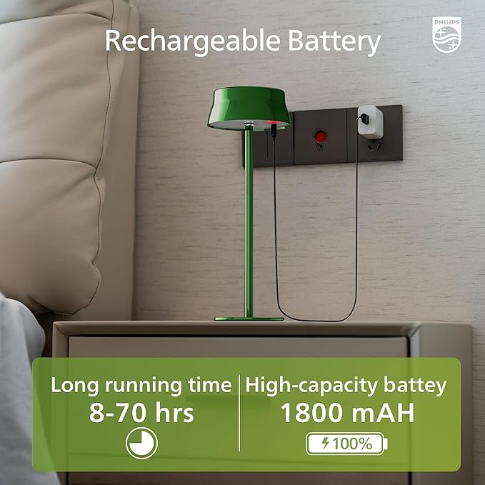 Philips Cordless Table Lamp, Portable Outdoor LED Desk Light,Rechargeable Battery Operated, 2 Adjustable Height, Touch Control & 3 Color Stepless Dimming, Waterproof Lamps for Restaurant/Bedroom