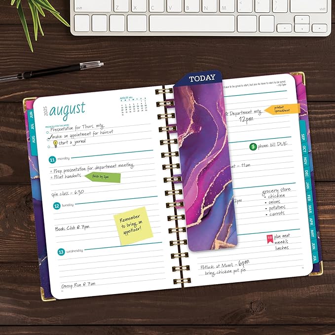 HARDCOVER Academic Year 2025-2026 Planner: (June 2025 Through July 2026) 5.5"x8" Daily Weekly Monthly Planner Yearly Agenda. Bookmark, Pocket Folder and Sticky Note Set (Pink Purple Marble)