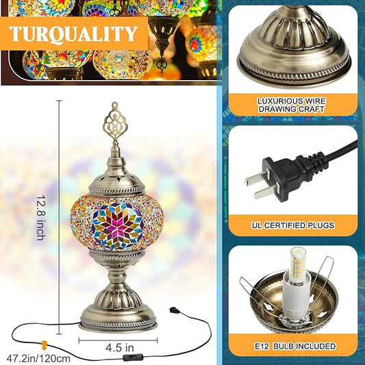 Large Globe Turkish Moroccan Table Lamp Handmade Vintage Colorful Moroccan Glass Lampshade Turkish Desk Lamp Bohemian Decorative Night Light for Bedroom, Living Room, Gift (LED Bulb Included)