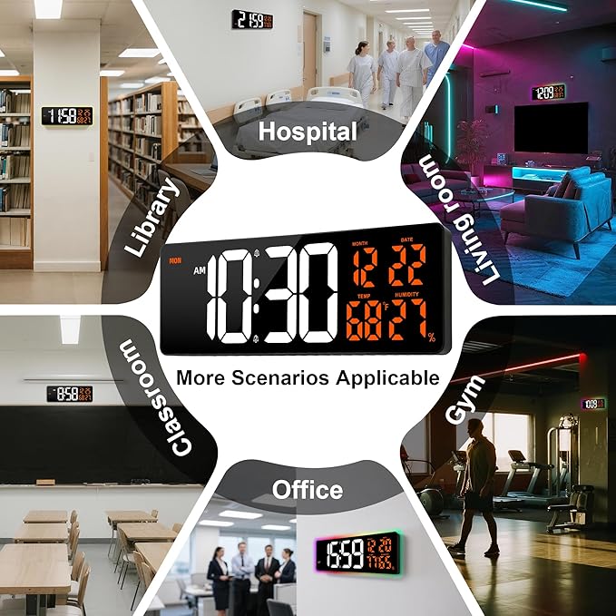 Large Digital Wall Mount Clock 17.3" Led Large Display with Jumbo Number, 8 Color Modes Atmosphere Lights, Auto-Dimming/DST, Count Down/Up Timer for Classroom Living Room Gym Gift for Senior Mom Dad