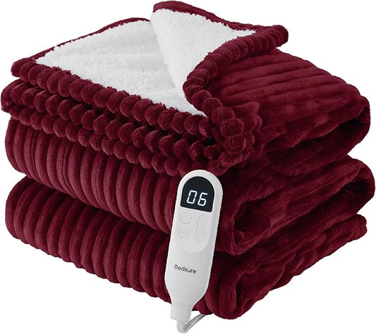 Bedsure GentleSoft Electric Blanket Full Size - Soft Ribbed Flannel Heated Blanket with 6 Heat Settings, Heating with 10 Time Settings, 8 hrs Timer Auto Shut Off, Gifts for Grandma (72"x84", Burgundy)