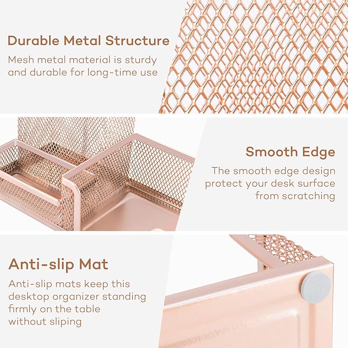 deli Mesh Desk Organizer Office Supplies Caddy with Pencil Holder and Storage Baskets for Desktop Accessories, 3 Compartments, Gold