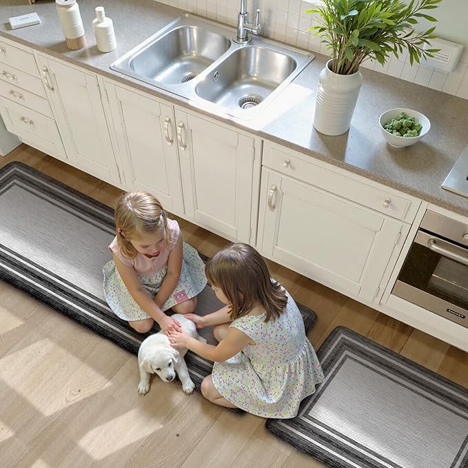 KIMODE Anti Fatigue Kitchen Mats for Floor 20"x59"+20"x32", Farmhouse Kitchen Rugs Sets of 2, Cushioned Non Slip Kitchen Mats for Floor, Comfort Kitchen Floor Mats for Sink Laundry Desk Black