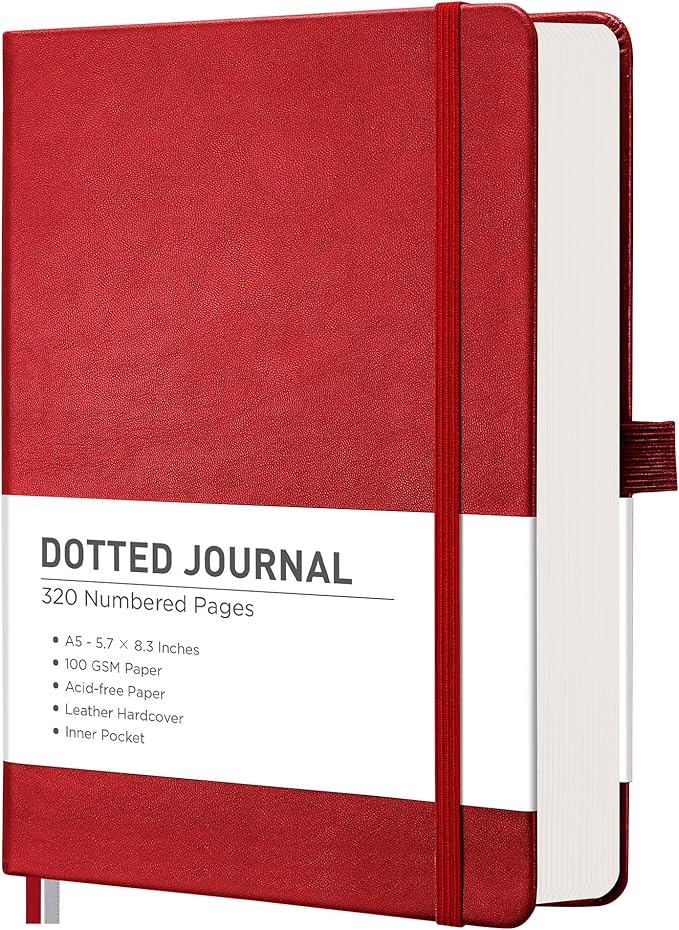 RETTACY Bullet Dotted Journal Notebook, 320 Numbered Pages, A5 Medium Size (5.7'' × 8.3''), Leather Hardcover, 100 GSM Thick Paper, for Bullet Journaling, Planning, Tracking (Red)
