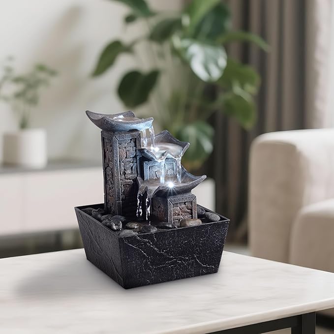 Tabletop Fountain Indoor Waterfall – 3-Tier Black Zen Decor with Pebble Base, White LED Light, Water Pump & On/Off Switch – Desktop Feng Shui Relaxation Gift for Home or Office (21110B)