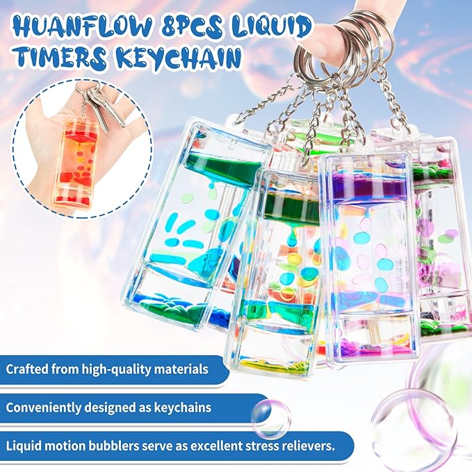 8pcs Liquid Timers Keychain Set for Stress Relief and Sensory Play, Durable and Colorful Fidget Keychain, Perfect for Boys’ Backpacks, Fun Science Gift for Teens, Portable and Convenient