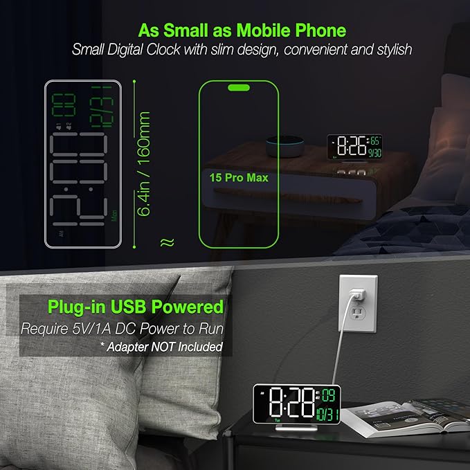 KOSUMOSU Digital Clock for Bedroom, 6.7" Desk Clock LED with Day of Week, Auto Dimming,Indoor Temperature, Clocks for Living Room, Alarm Clocks for Bedrooms