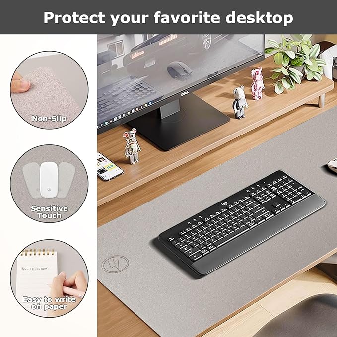Wireless Charging Mouse Pad Firelison 2 in 1 Leather Multifunctional Office Desk Pad with Non-Slip Rubber Base, Waterproof Desk pad for Computers/Office/Work/Home/Decor（ 32" x 16"Grey - L）