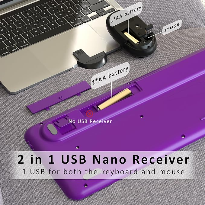 Wireless Computer Keyboards Mouse Combos, COVEVA Colorful Typewriter Retro Keyboard with Round Keycaps, USB Keyboard and Mouse Set 2.4GHz Full-Size Wireless Keyboard and Optical Mouse（Black-Purple）