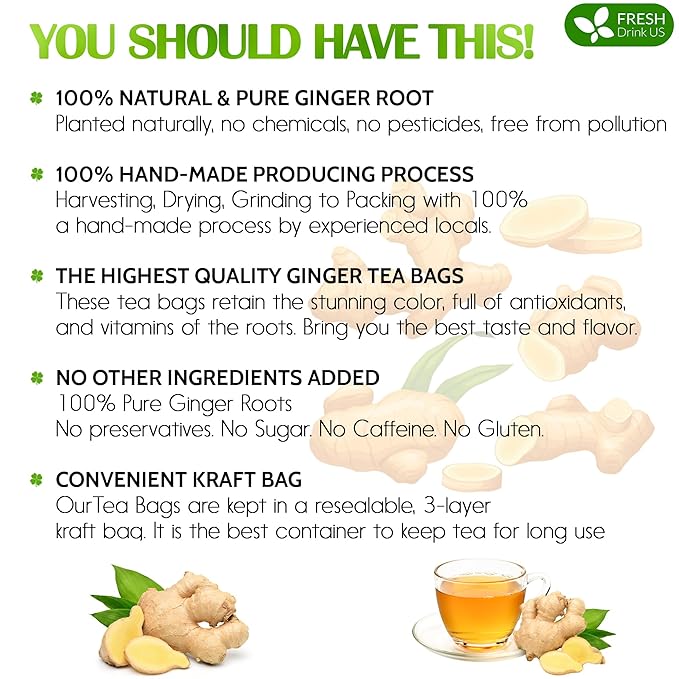 FreshDrinkUS, 150 Premium Ginger Tea Bags, Non GMO, 100% Natural & Pure from Ginger Root, Root Herbal Tea. No Sugar, No Caffeine, No Gluten, Vegan. Support Stronger Digestion, Pleasantly Spicy & Warming