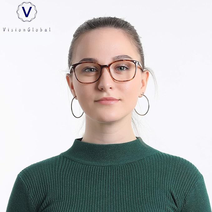 VisionGlobal Blue Light Blocking Glasses for Women/Men, Anti Eyestrain, Computer Reading, TV Glasses, Stylish Square Frame, Anti Glare (Tortoise, +2.00 Magnification)