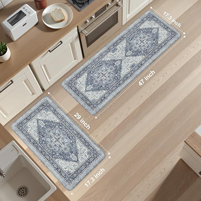 KIMODE Anti Fatigue Kitchen Mat, Cushioned Kitchen Mats for Floor 2 Piece, Boho Vintage Kitchen Rugs, Comfort Foam Standing Desk Mat for Laundry, Office, Sink Navy Blue 17"x47"+17"x29"
