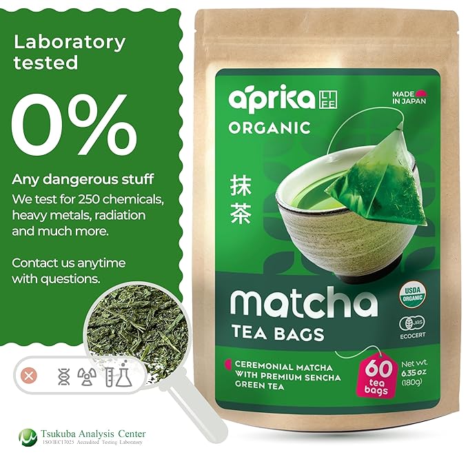Organic Japanese Matcha Green Tea Bags - Ceremonial Grade Matcha Powder and 1st Harvest Spring Sencha Blend for Unforgettable Taste - 60 Tea Pyramids by Aprika Life