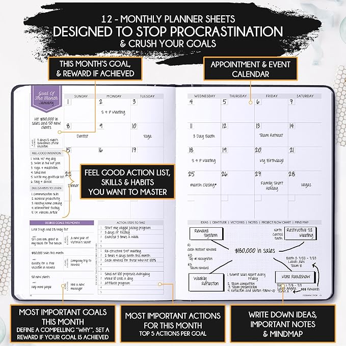 Life Planner - Undated Weekly & Monthly Planner, 12-Month Journey to Increase Productivity | Gratitude Journal, Life Organizer & Goal Journal | Include Foldable Vision Board, Habit Tracker & Stickers