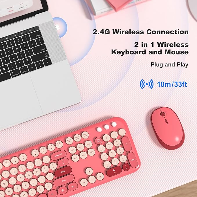 Wireless Keyboard and Mouse Combo, MOWUX Full Size Typewriter Retro Round Computer Keyboard, Cute Optical Mouse Wireless, Plug and Play, for Laptop, PC, Computer- Valentine's Rose